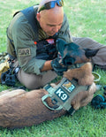 Large dog wearing a Kiloniner M1 harness with patch panels